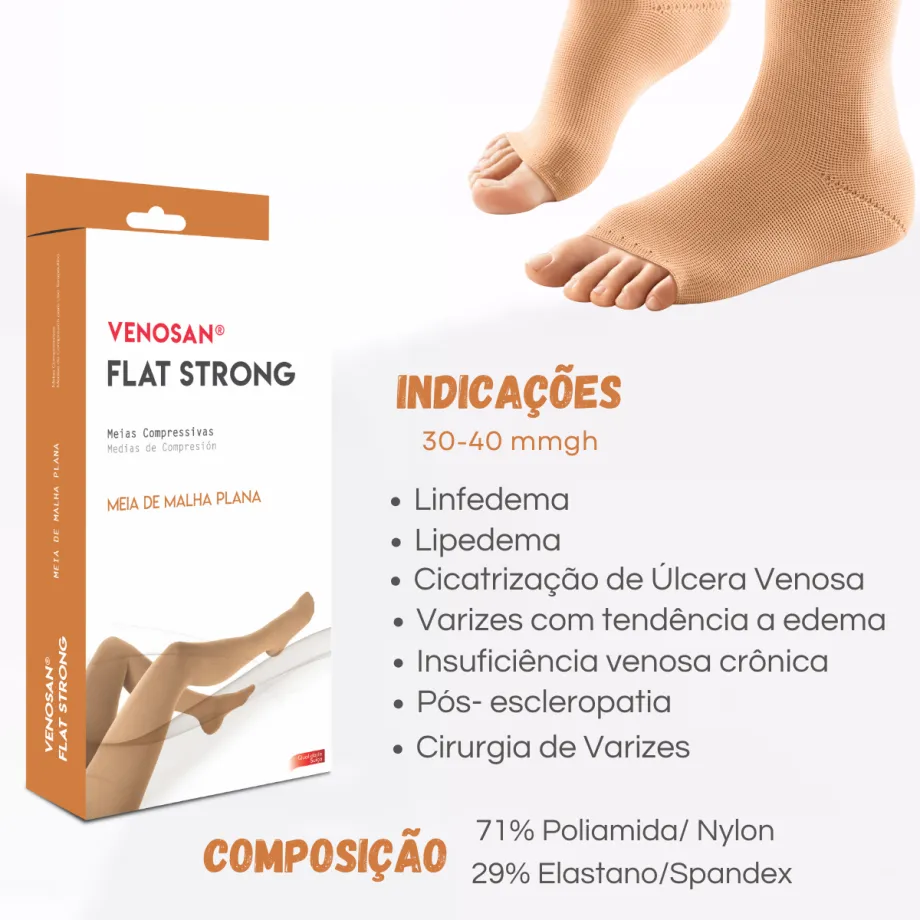 Meia Venosan Flat Strong Compressão 30-40 mmHg, Malha Plana 3/4